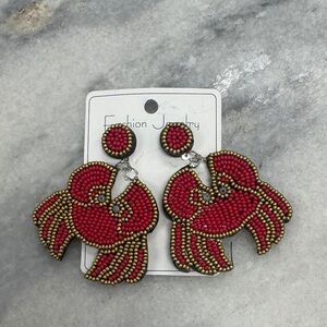 Red and Gold Beaded Crab Earrings